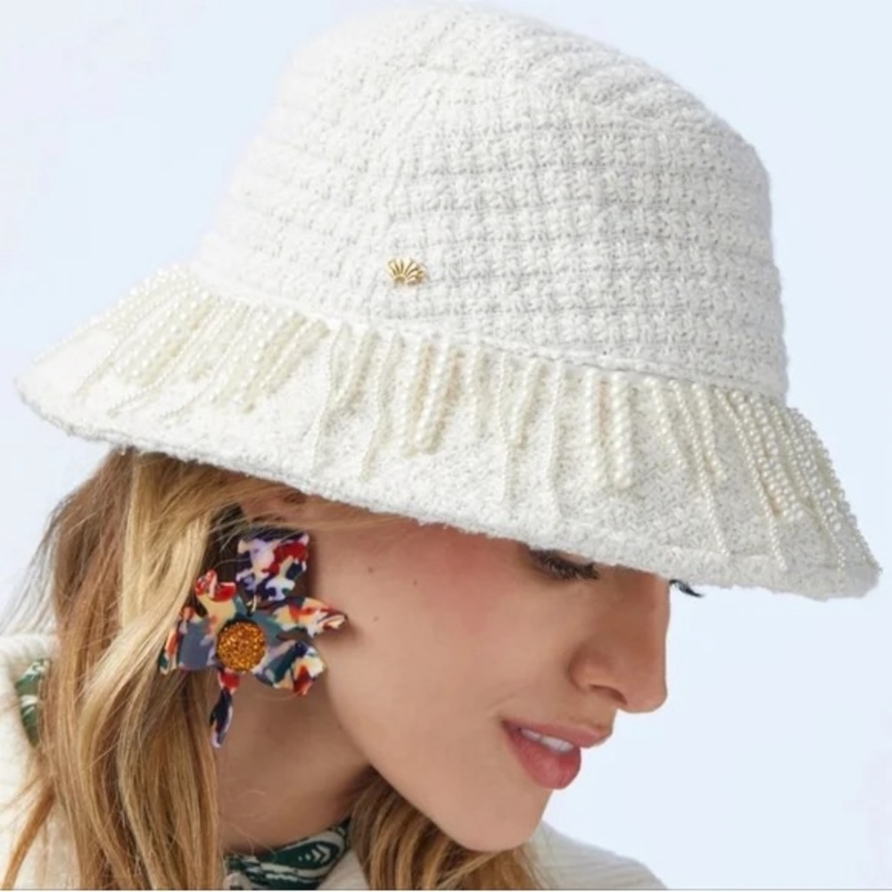 Lele Sadoughi Cream Pearl-Trim Tweed Bucket Hat